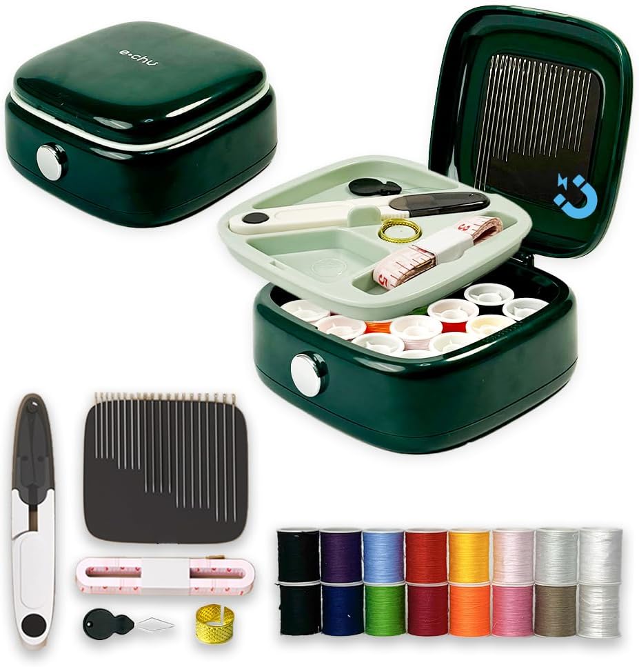 Magnetic Two-Layer Sewing Kit, Dark Green