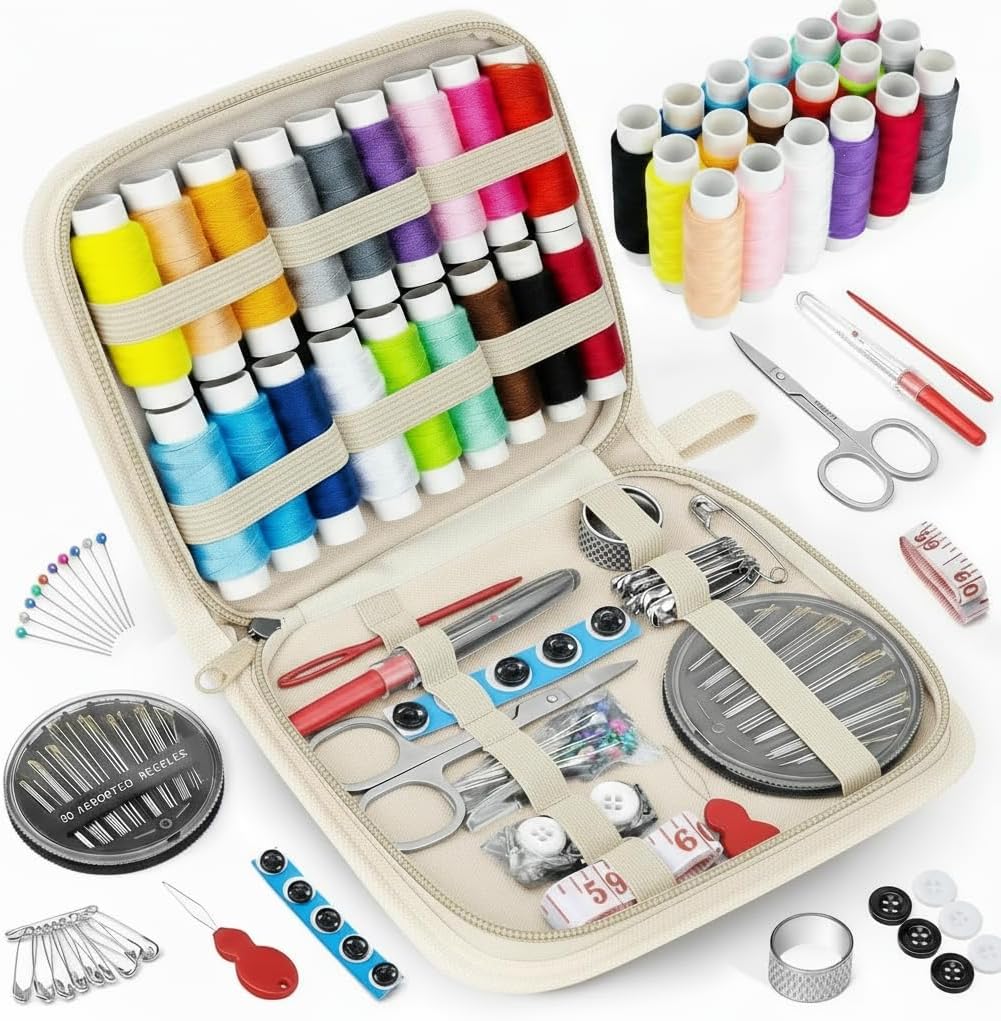 Travel Sewing Kit with 14 Thread Colors, Beige