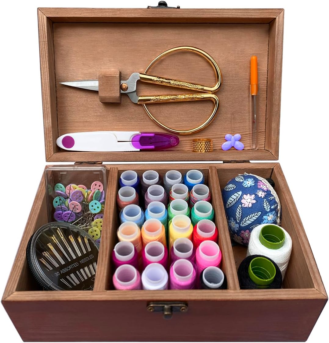 Wooden Sewing Kit with 24 Thread Colors