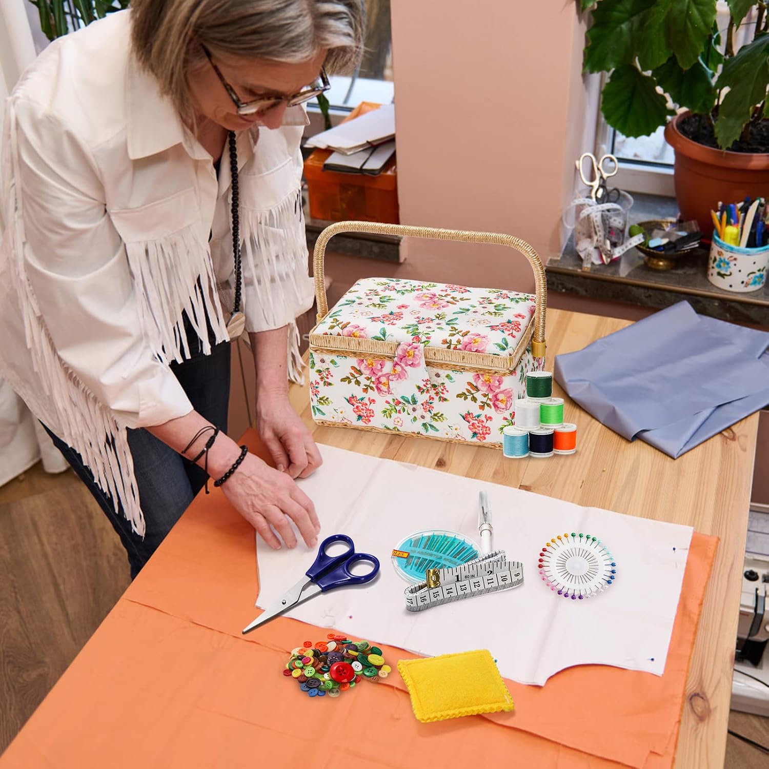 Floral Sewing Basket Kit with Removable Tray - Image 6