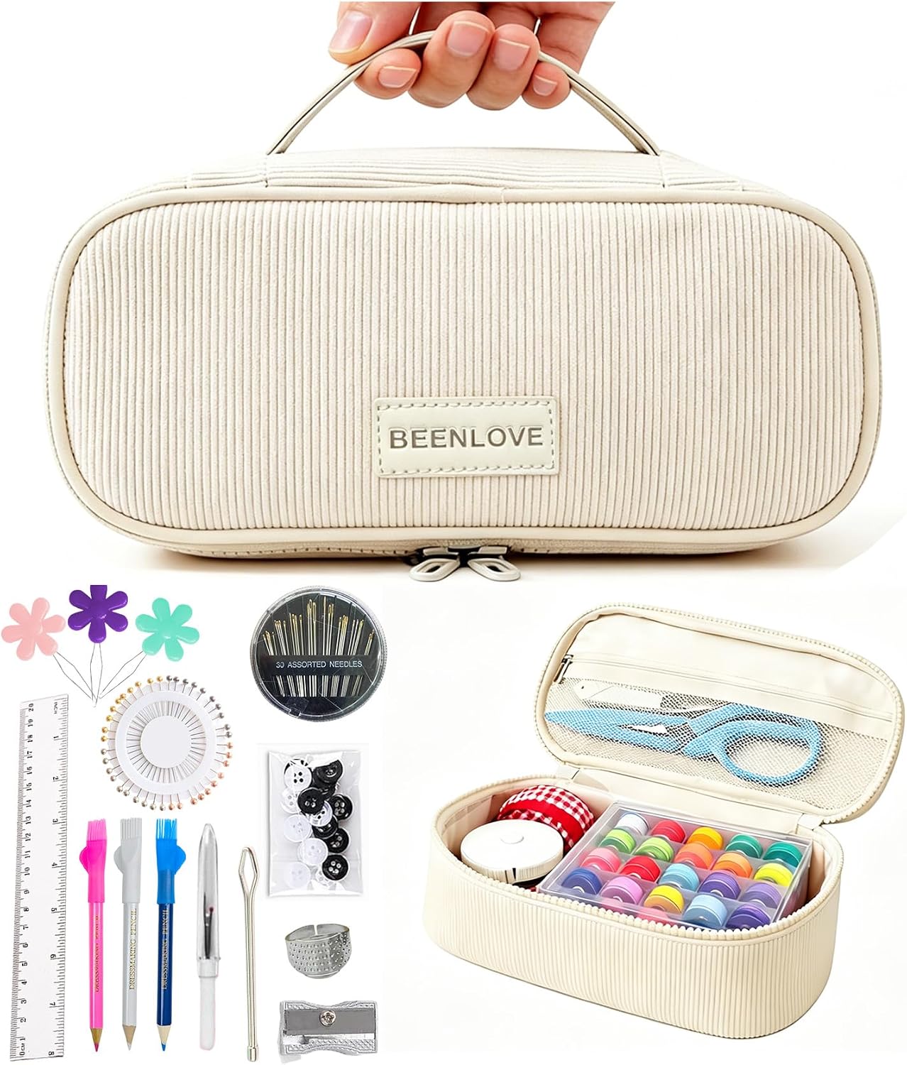 Sewing Kit with Divided Storage Bag, Off White