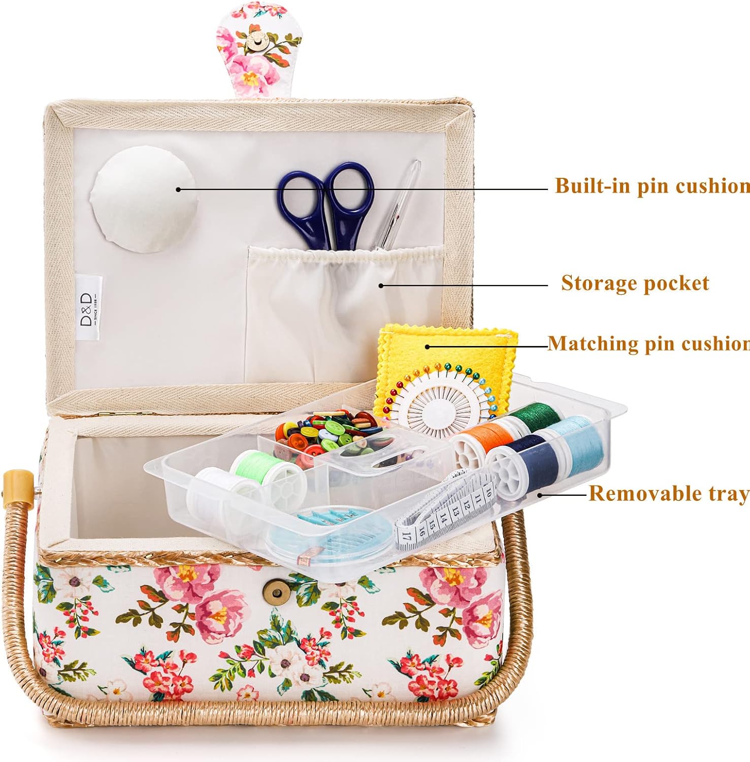 Floral Sewing Basket Kit with Removable Tray - Image 4