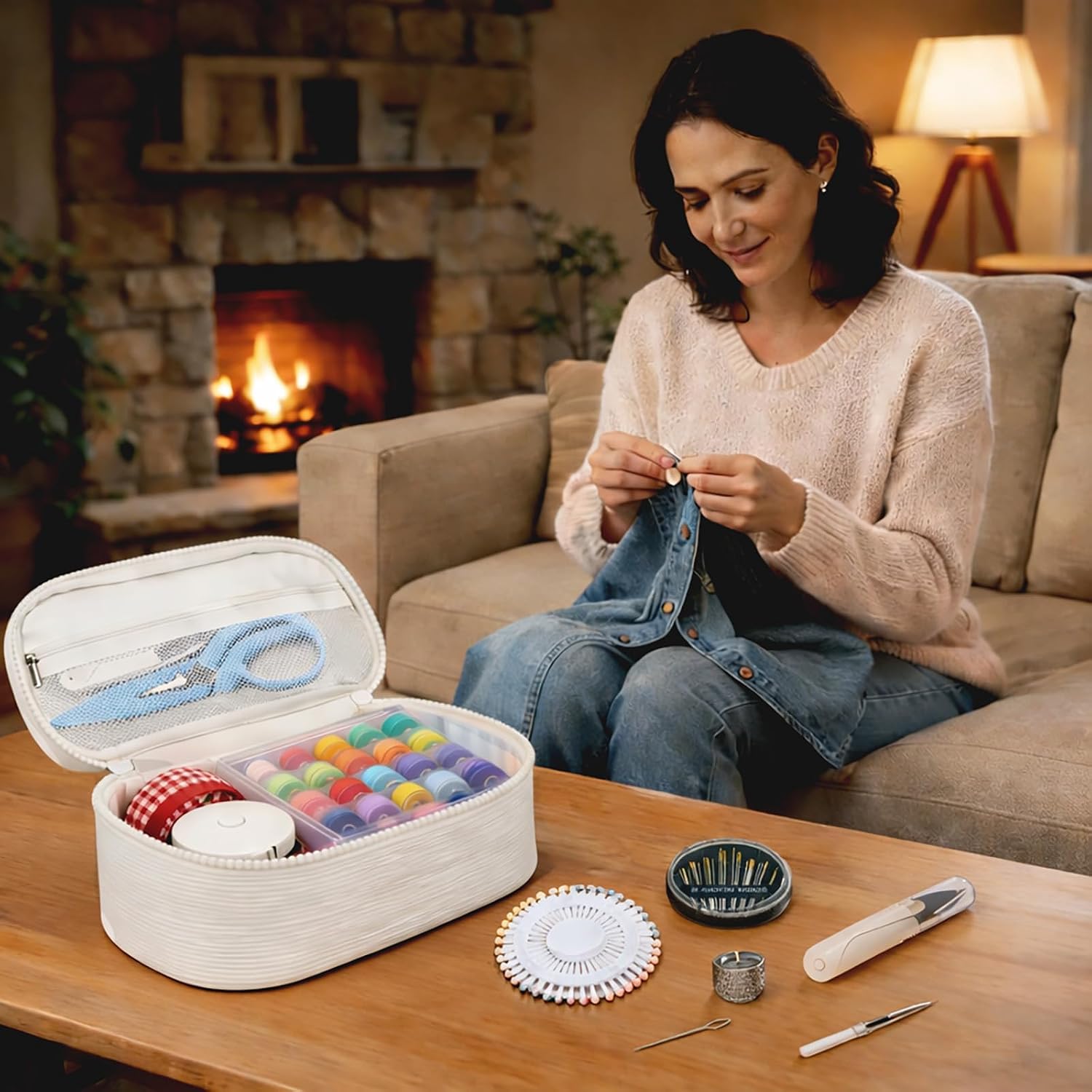 Sewing Kit with Divided Storage Bag, Off White - Image 4