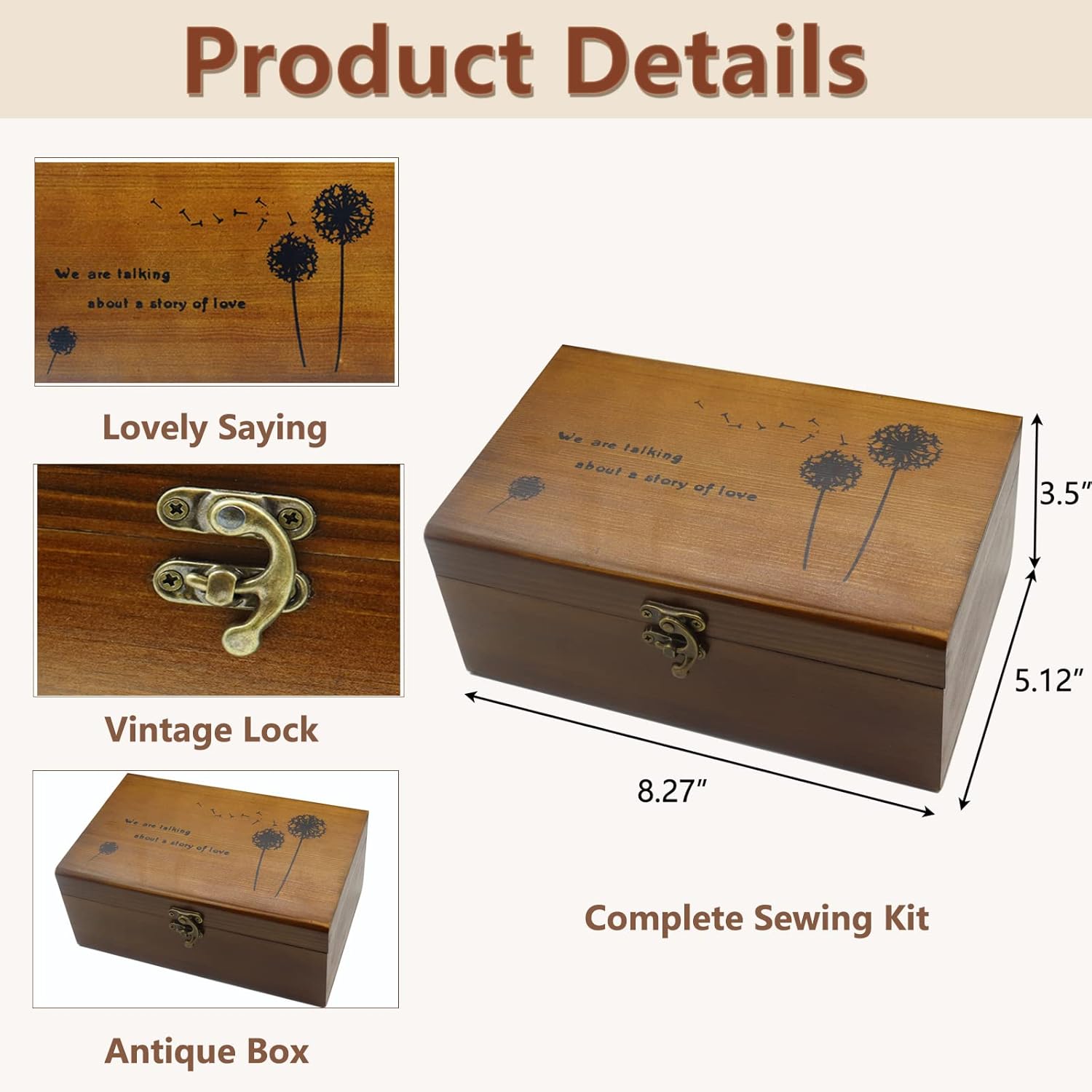 Wooden Sewing Kit Box with Retro Dandelion Print - Image 3