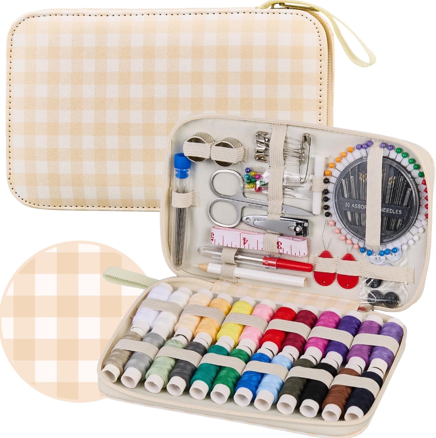 Checkered Sewing Kit with 24 Thread Colors, 130 Pieces