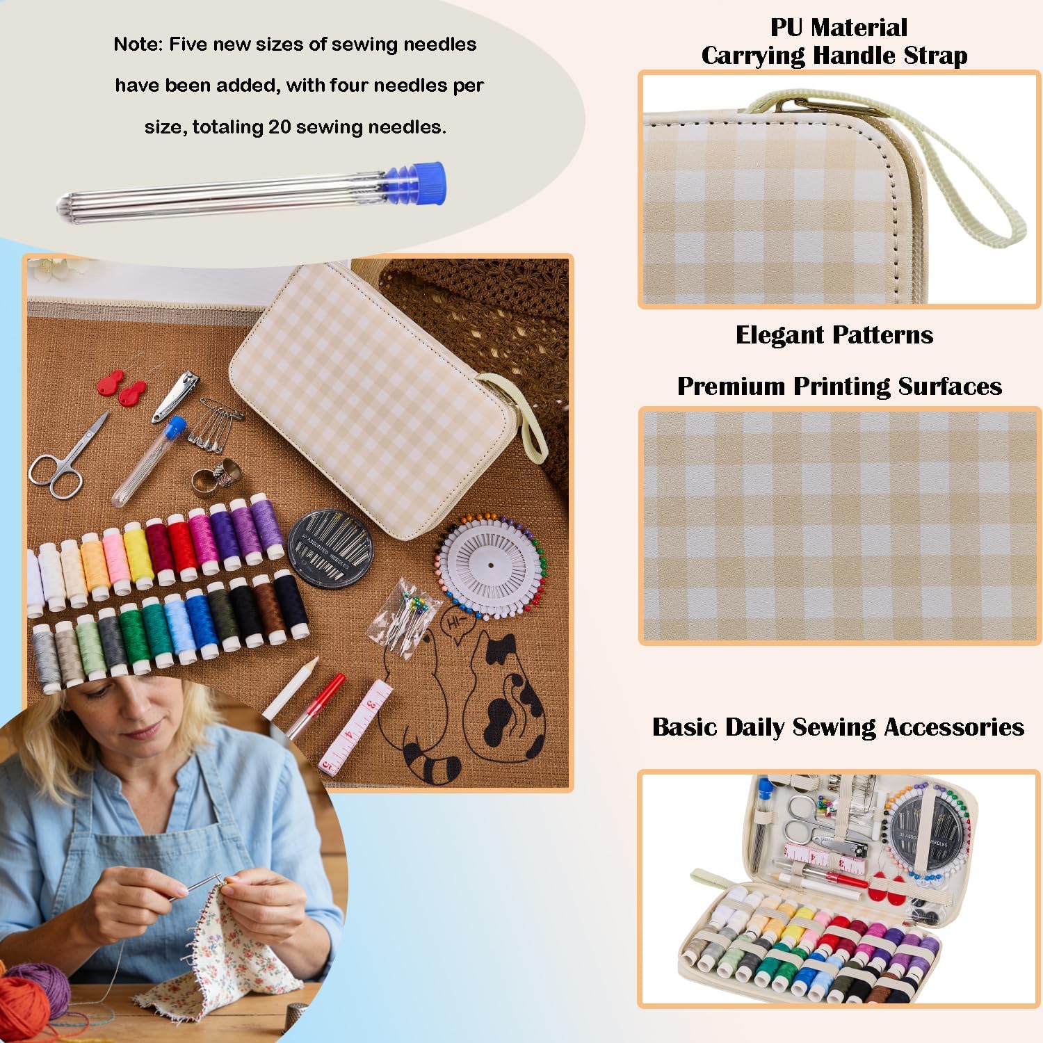 Checkered Sewing Kit with 24 Thread Colors, 130 Pieces - Image 3
