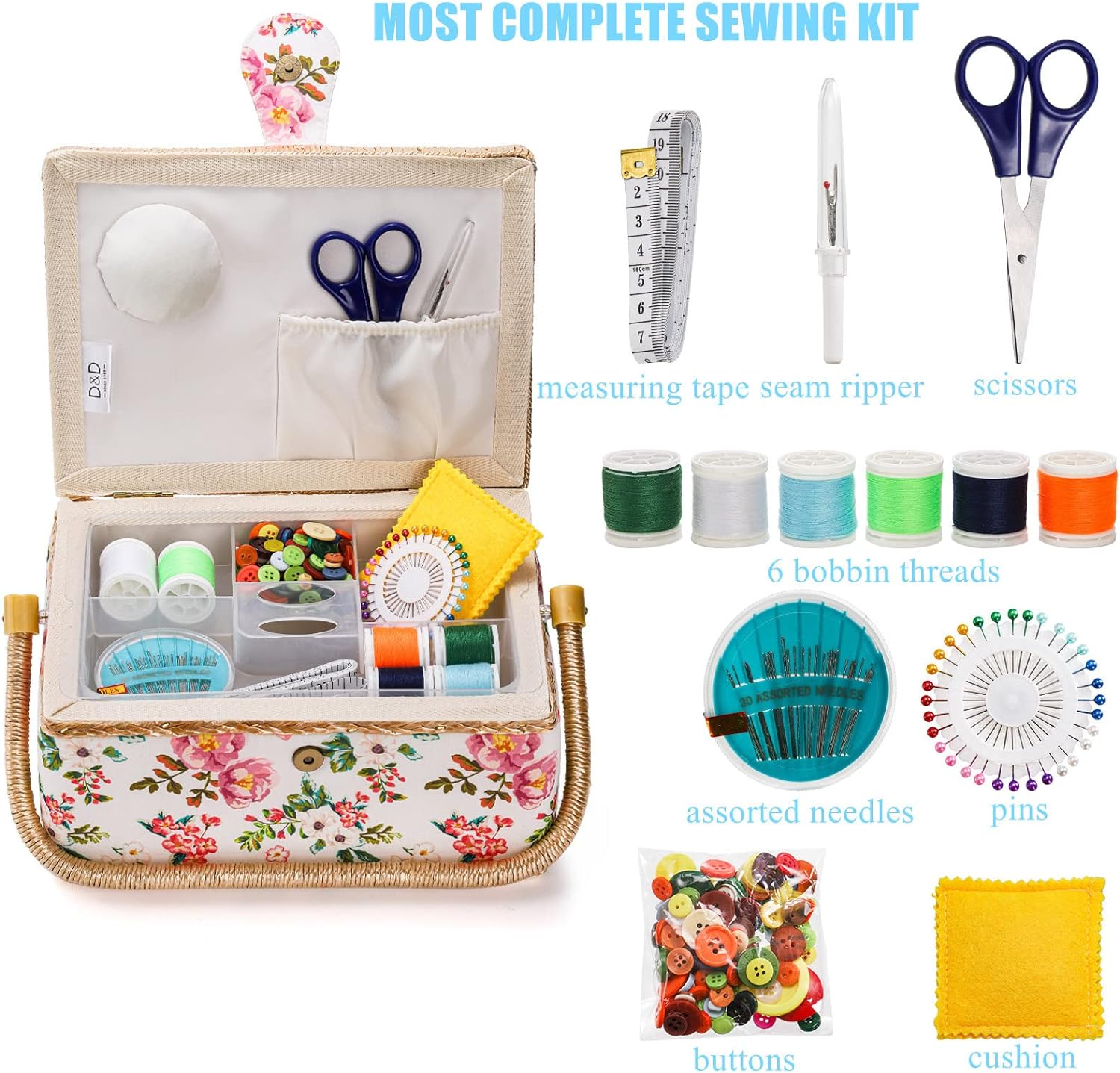 Floral Sewing Basket Kit with Removable Tray - Image 5