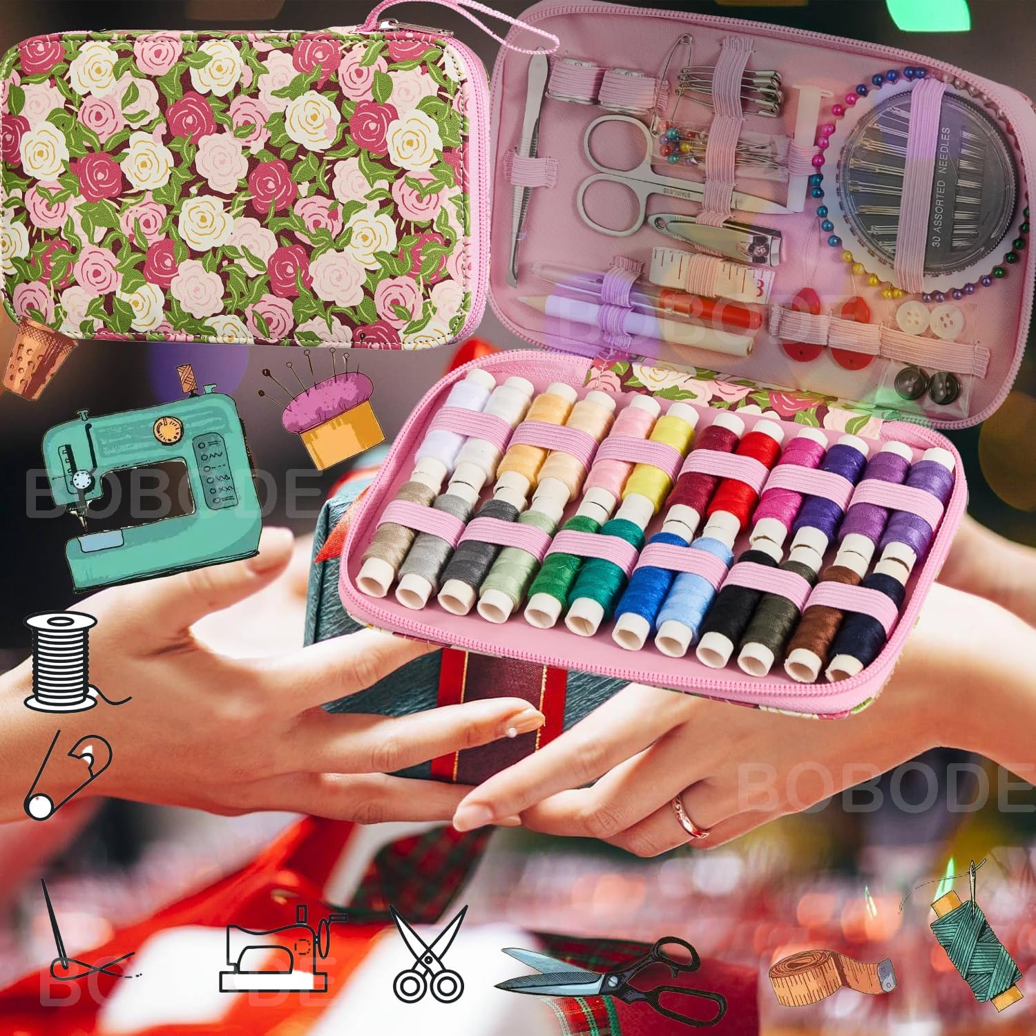 Rose Floral Sewing Kit with Zipper Case, 130 Pieces - Image 7