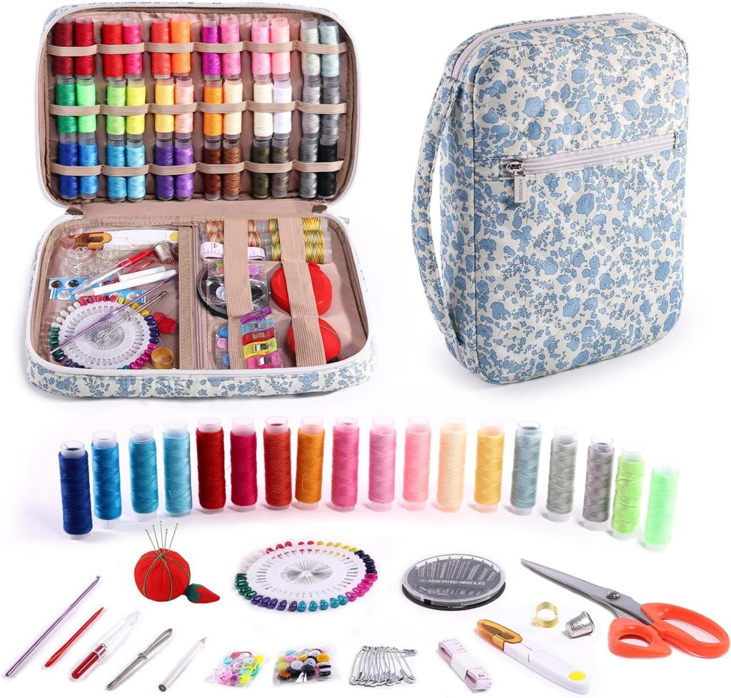 Blue Floral Sewing Kit with Scissors, 230 Pieces
