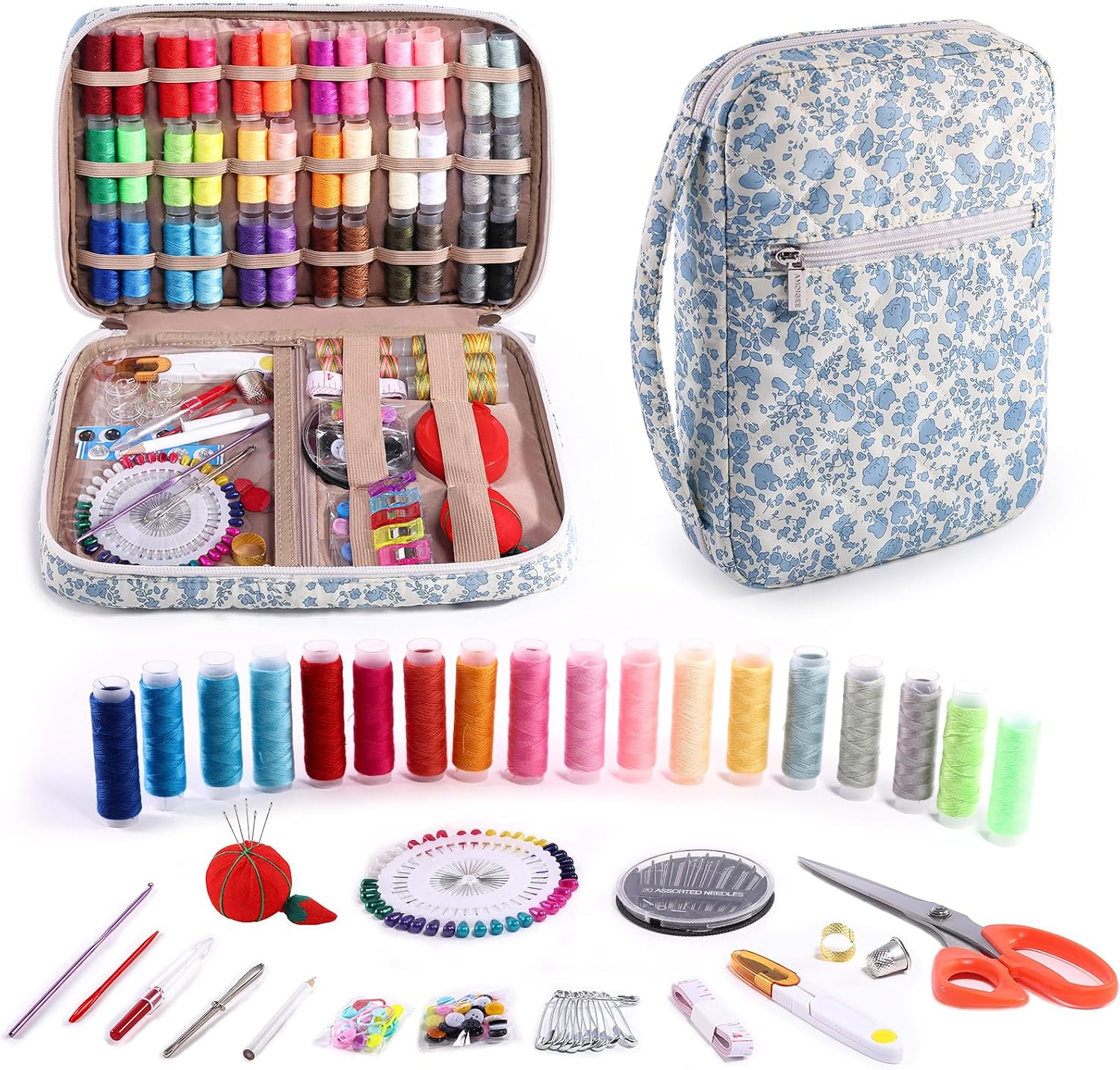 Blue Floral Sewing Kit with Scissors, 230 Pieces