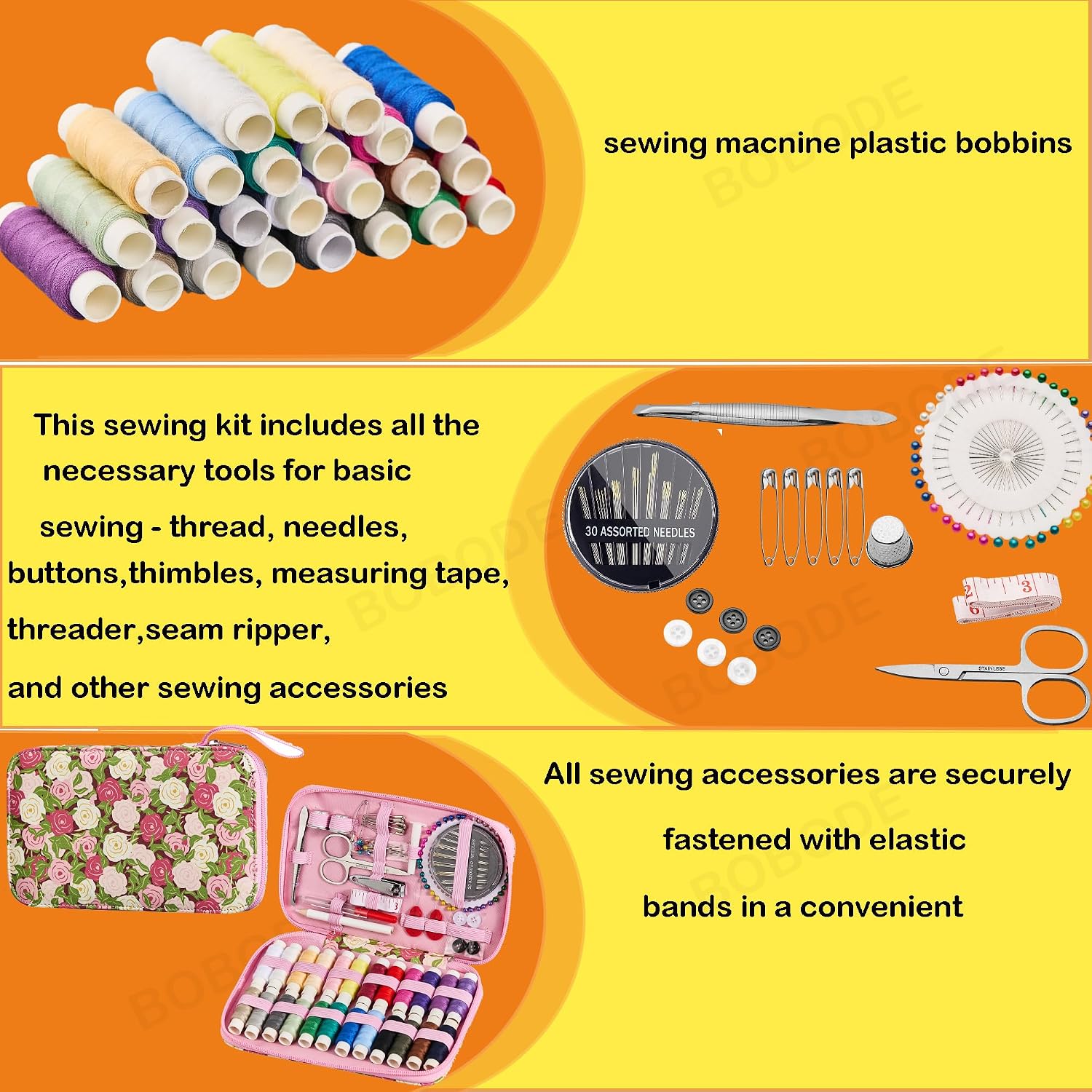 Rose Floral Sewing Kit with Zipper Case, 130 Pieces - Image 5