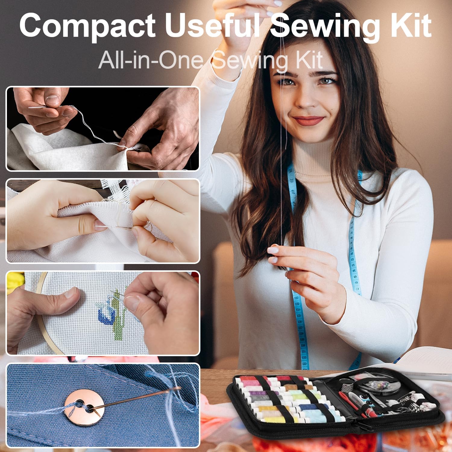 Travel Sewing Kit with 14 Thread Colors, Beige - Image 5