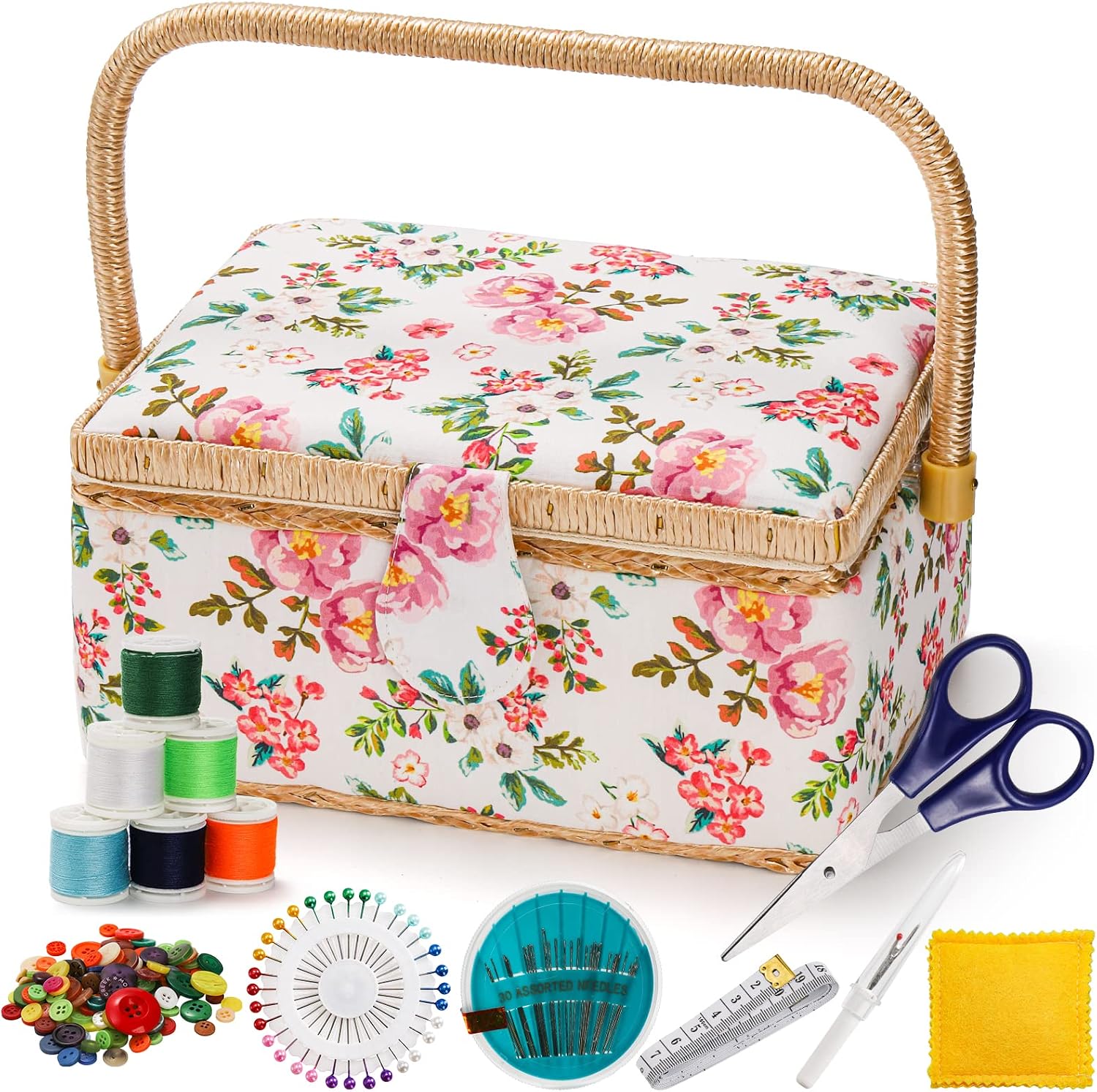 Floral Sewing Basket Kit with Removable Tray