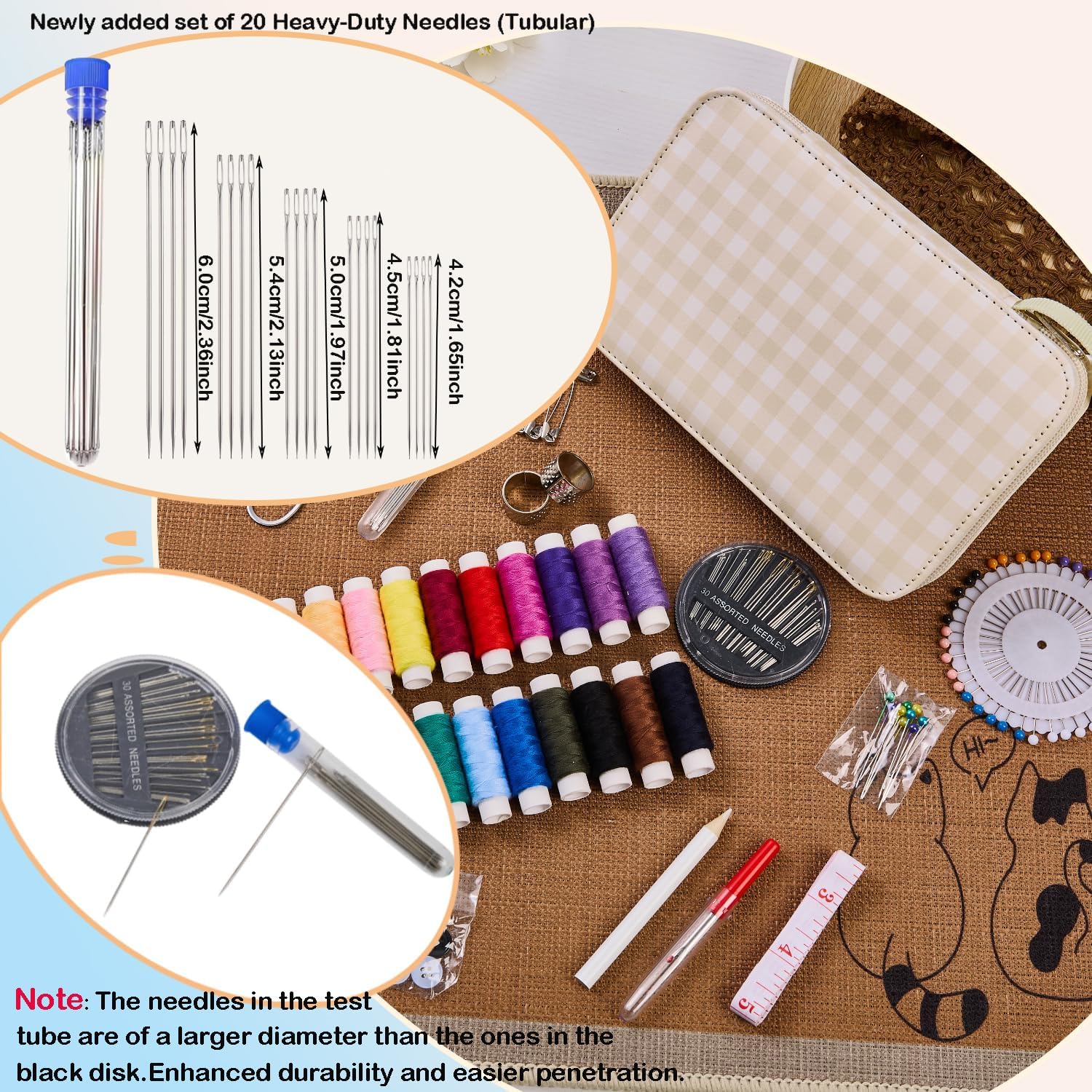 Checkered Sewing Kit with 24 Thread Colors, 130 Pieces - Image 2