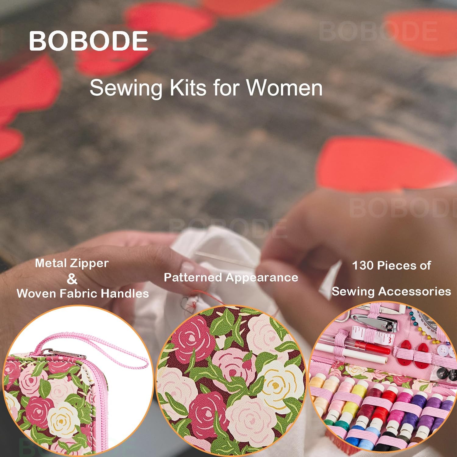Rose Floral Sewing Kit with Zipper Case, 130 Pieces - Image 3