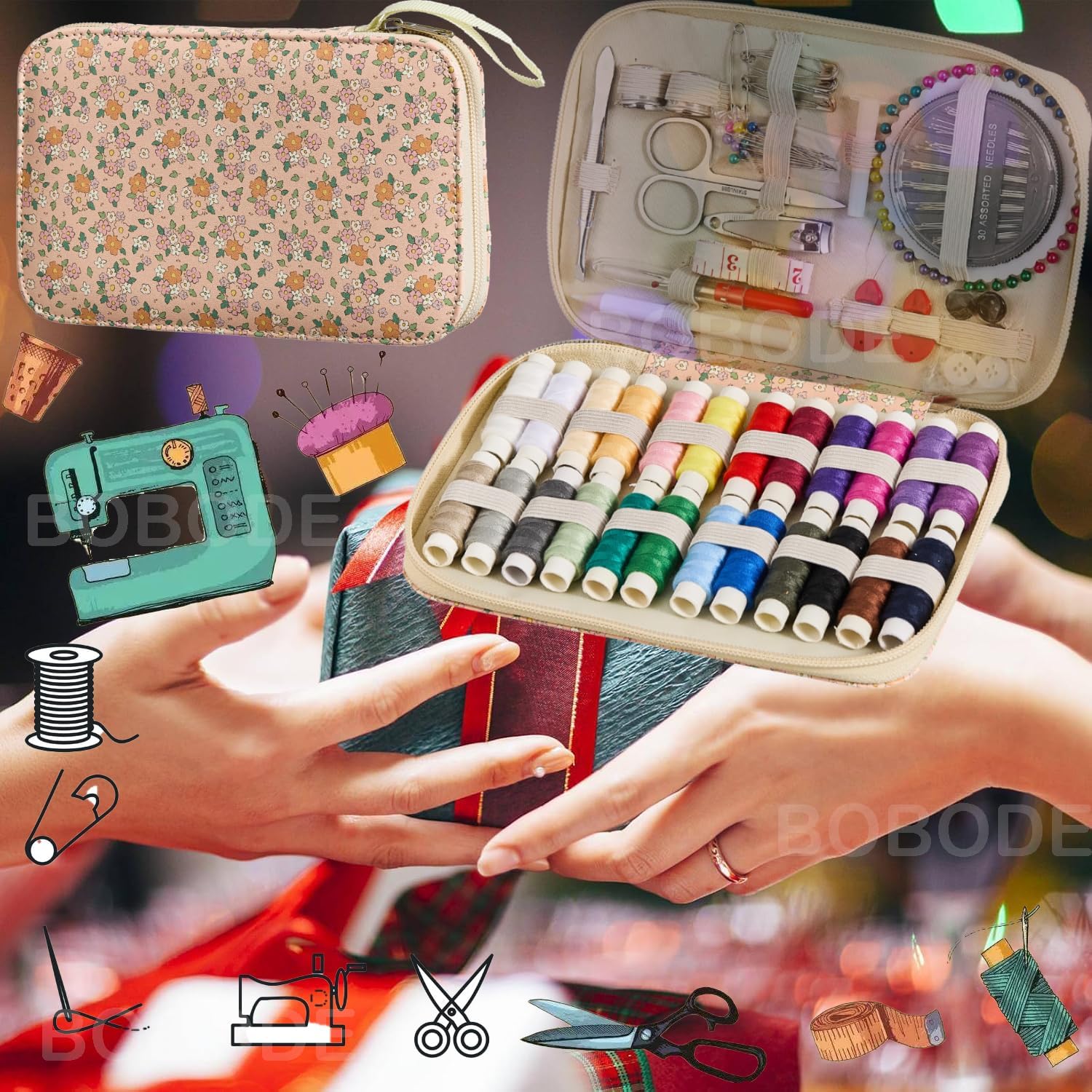 Floral Sewing Kit with Zipper Case, 130 Pieces - Image 7