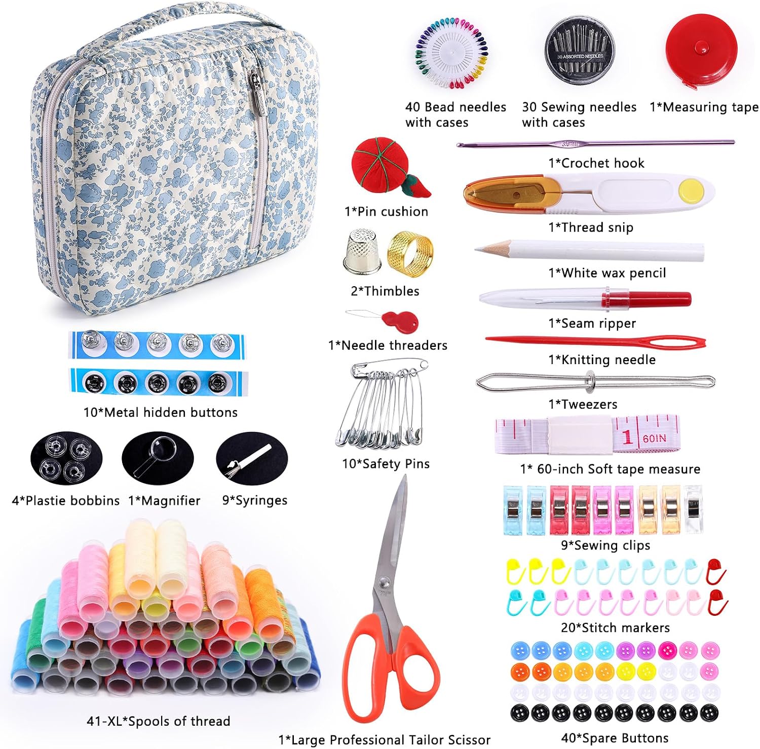 Blue Floral Sewing Kit with Scissors, 230 Pieces - Image 2