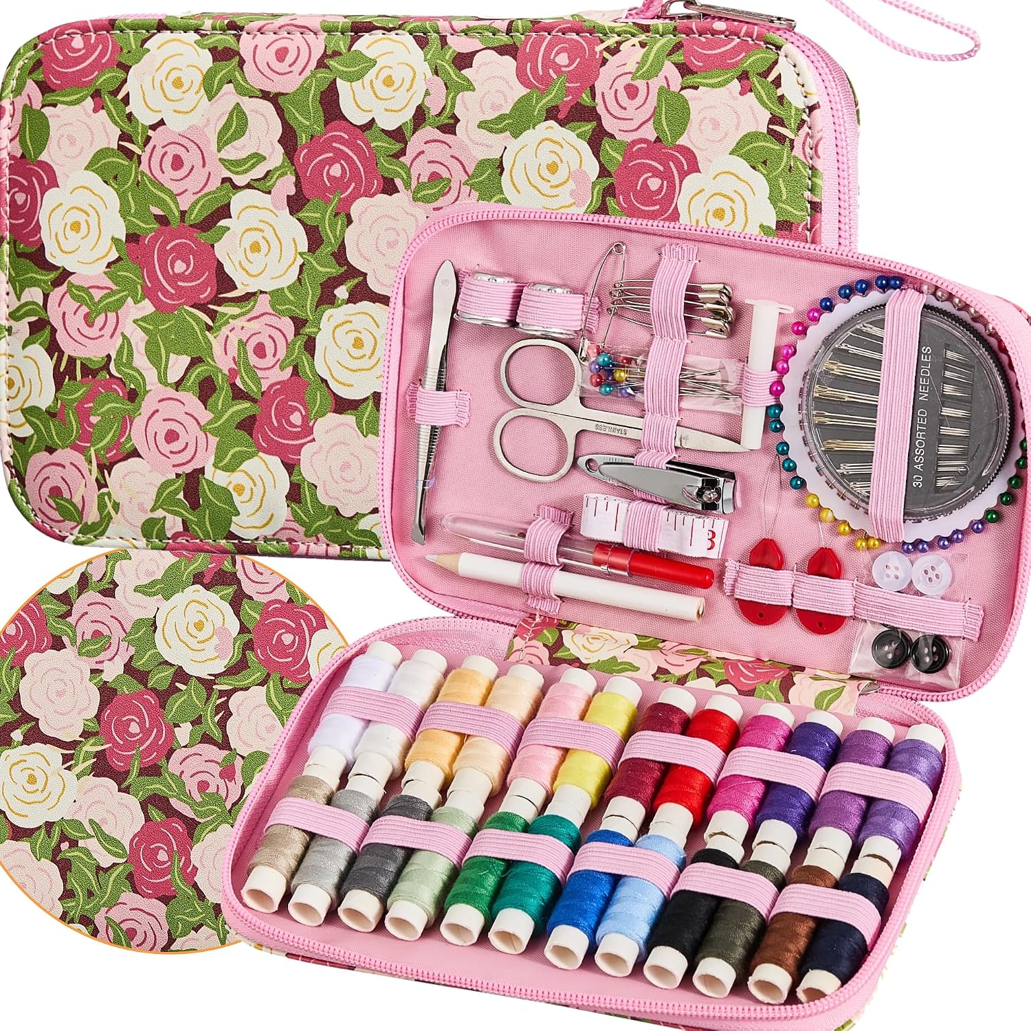 Rose Floral Sewing Kit with Zipper Case, 130 Pieces